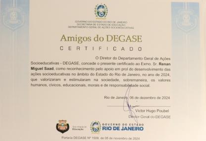 Medalha Amigos do Degase - Certificado